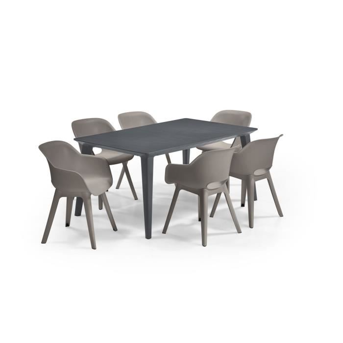 ALLIBERT JARDIN Table LIMA 160x100cm - Graphite + 6 fauteuils AKOLA Capuccinno - Résine