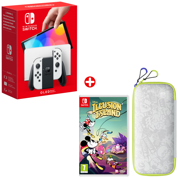 Pack Nintendo : Console Nintendo Switch - Modèle OLED • Blanc + Disney Illusion Island + Pochette Splatoon 3