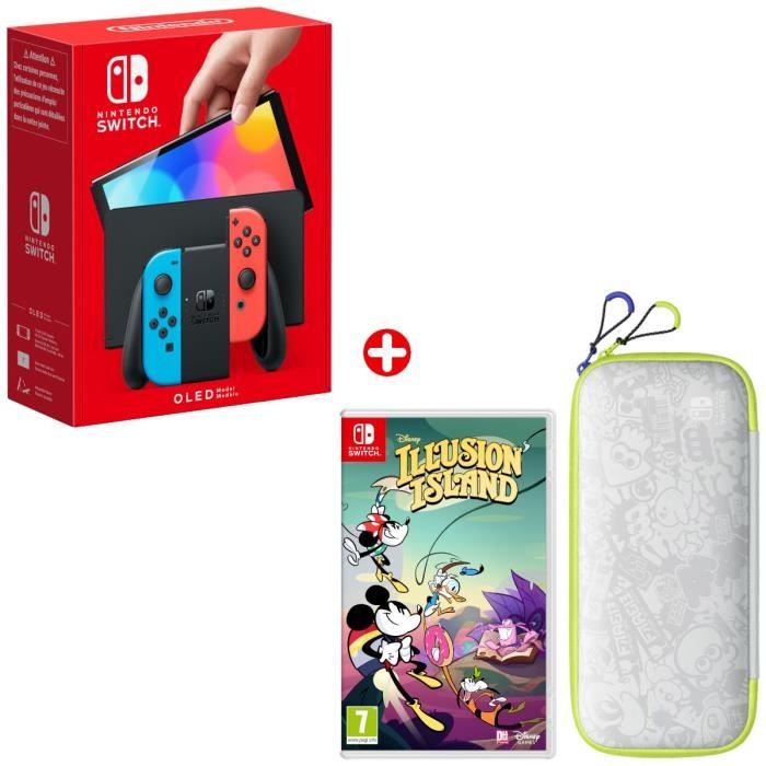 Pack Nintendo : Console Nintendo Switch - Modèle OLED • Néon + Disney Illusion Island + Pochette Splatoon 3
