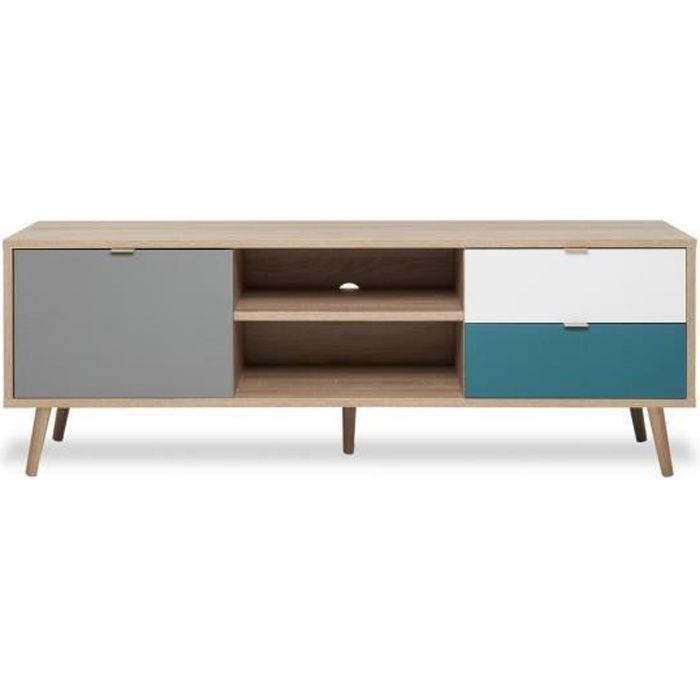 Meuble TV scandinave CUBA - Décor chêne, gris, blanc et bleu pétrole - 1 Porte - L 150 x P 40 x H 51