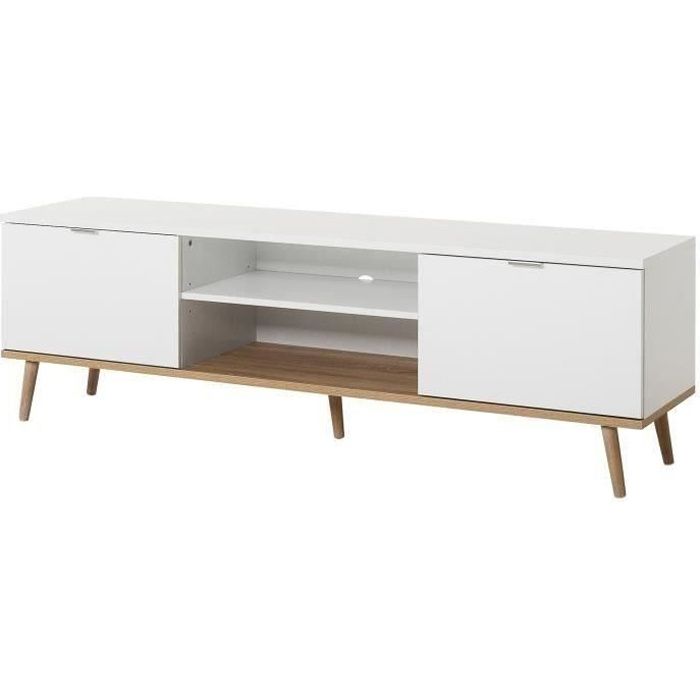 Meuble TV scandinave GÖTEBORG - Blanc - 2 Portes - L 160 x P 40 x H 50 cm