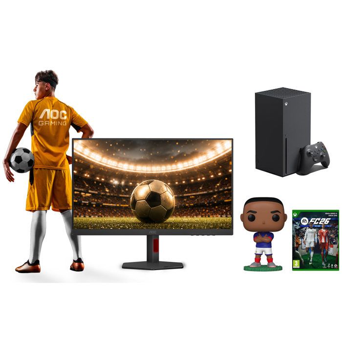 Console Xbox Series X 1To Noir + FC 26 Jeu Xbox One + Ecran PC Gamer AOC 27 4K 160Hz/FHD 320Hz + Funko Pop! Kylian Mbappé