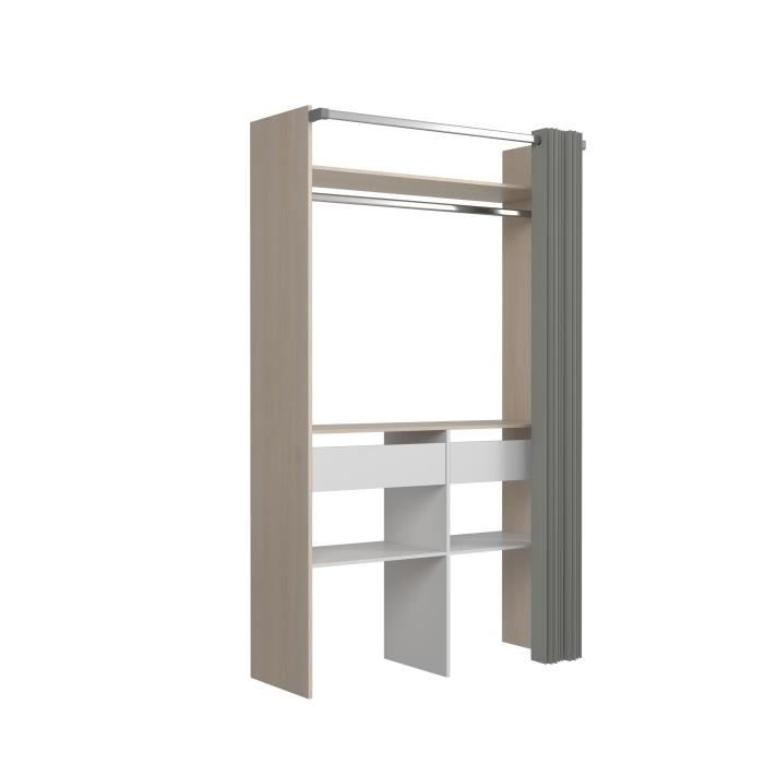 aménagement de placard artic avec rideau - chêne et blanc - 1 penderie + 2 tiroirs - ekipa
