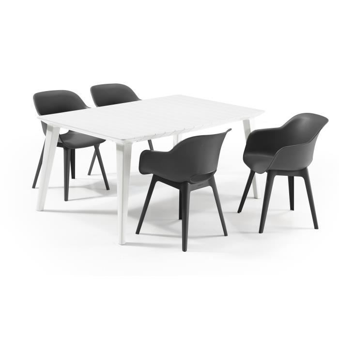 ALLIBERT JARDIN Table LIMA 160x100cm - Blanc + 2 lots de 2 fauteuils AKOLA Graphite - Résine