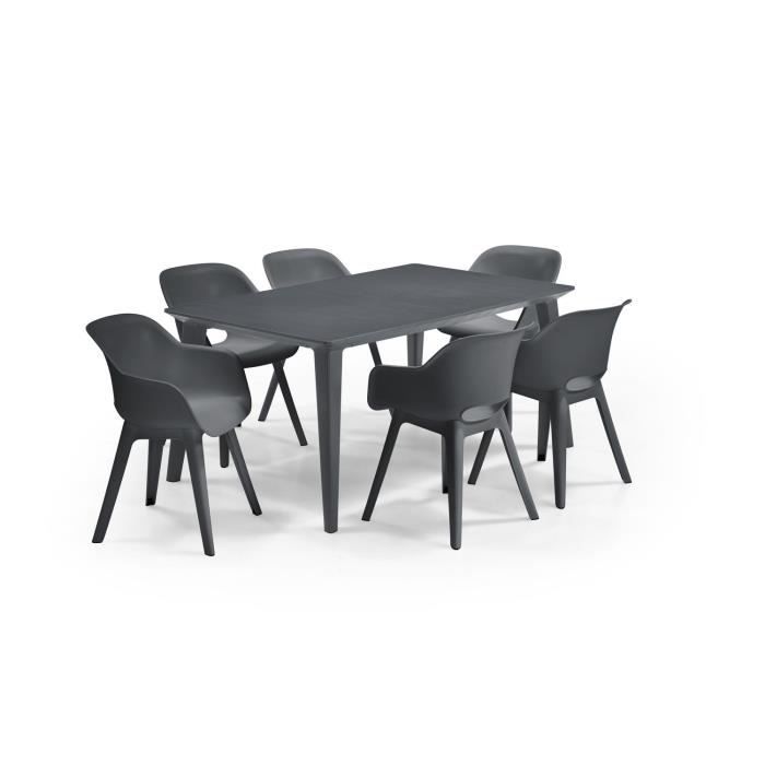 ALLIBERT JARDIN Table LIMA 160x100cm - Graphite + 3 lots de 2 fauteuils AKOLA Graphite - Résine