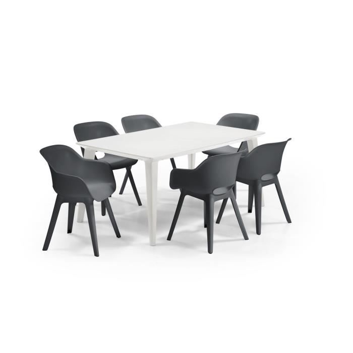 ALLIBERT JARDIN Table LIMA 160x100cm - Blanc + 3 lots de 2 fauteuils AKOLA Graphite - Résine