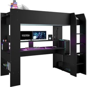 LIT MEZZANINE Lit mezzanine combiné enfant LED Gamer ONLINE - 90 x 200 cm - Noir mat - Sommier inclus - PARISOT