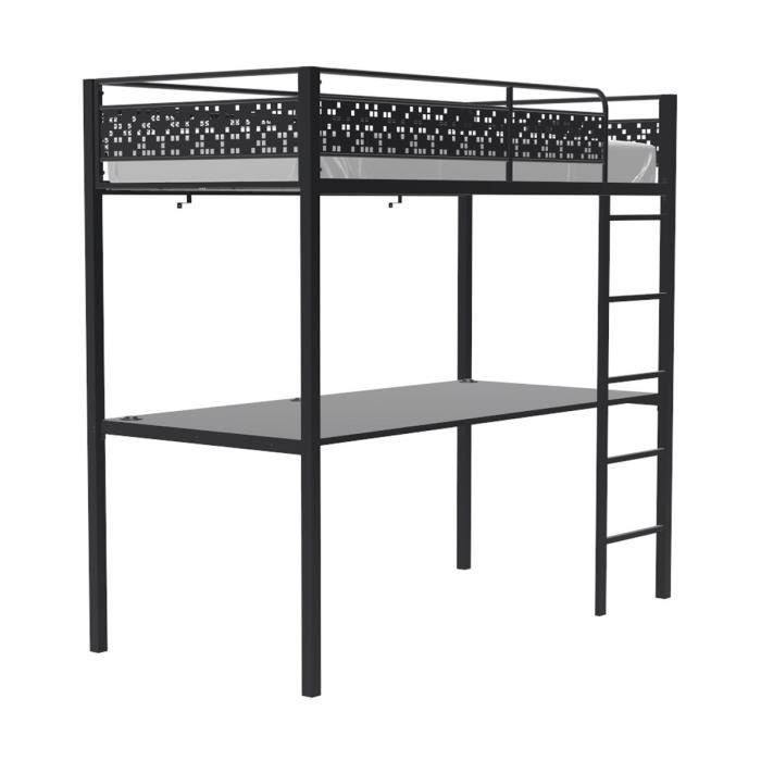 Lit mezzanine avec bureau EDI - 90 x 190 cm - Noir - Structure en métal époxy - Sommier inclus