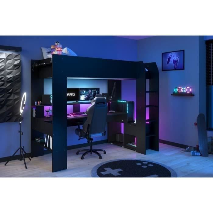 Lit mezzanine combiné enfant LED Gamer ONLINE - 90 x 200 cm - Noir mat -  Sommier inclus - PARISOT - Cdiscount Maison