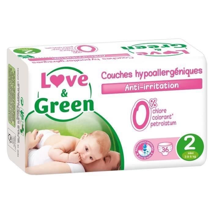 Couches Love & Green T2 x36 (3-6 kg) - Hypoallergéniques et respectueuses  de la peau - Cdiscount Puériculture & Eveil bébé