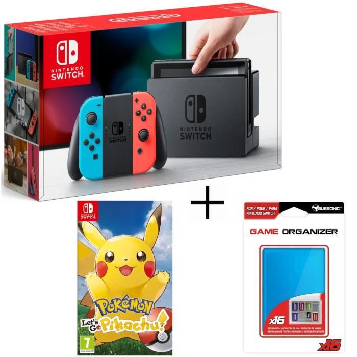 Pack Nintendo Switch Néon Pokemon Lets Go Pikachu Boitier Bleu Range Jeux Et Carte Sd Pour Switch
