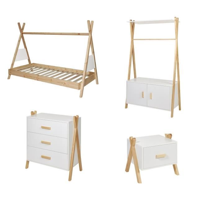 Amarok Chambre Complete Enfant 4 Pieces Lit Chevet Commode Portant Pin Massif Et Mdf Blanc Naturel Cdiscount Maison