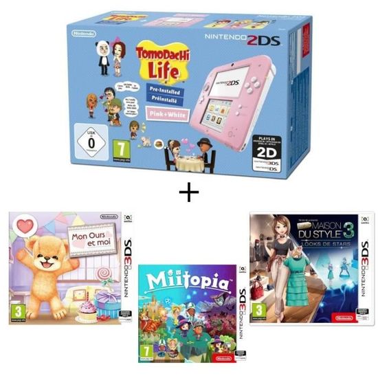 Pack 2DS Rose + Mon ours et moi + Miitopia + La Maison du Style 3