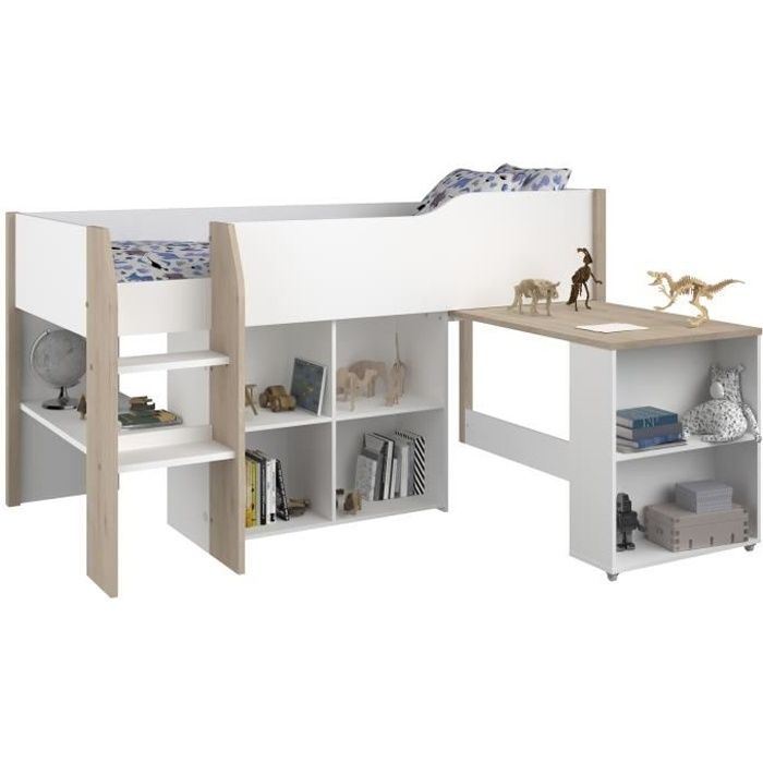 Lit combiné enfant avec bureau rétractable - PARISOT - LIAM - Blanc et chêne - Sommier inclus - 90x2