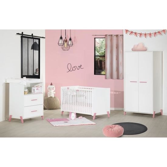 BABYPRICE Chambre complète bébé JOY ROSE : Lit 60*120 cm + armoire + commode