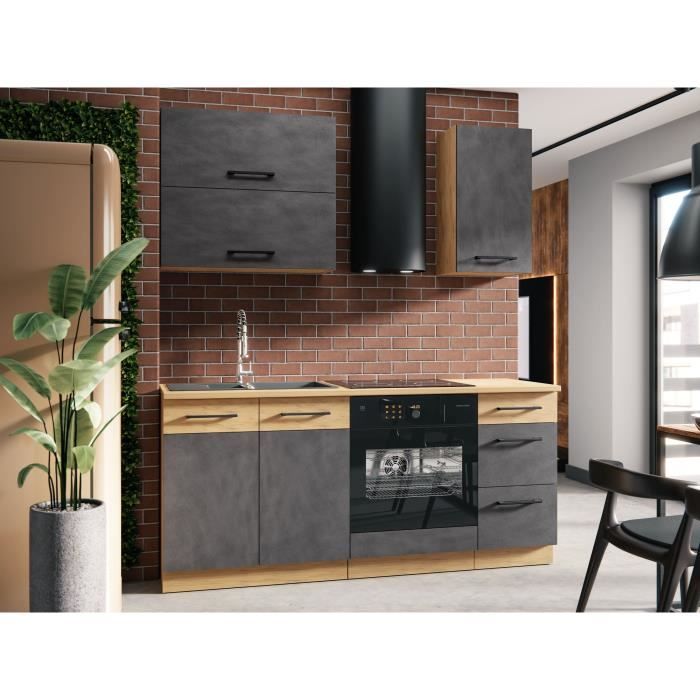 cuisine complète rock l180 cm - 5 éléments + meuble four - mélaminé décor chêne lancelot et gris matera - plan de travail non