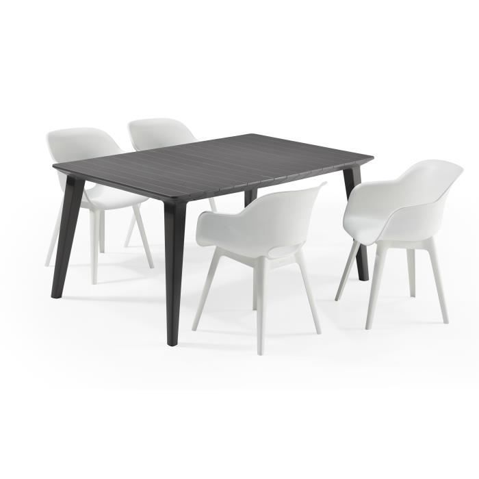 ALLIBERT JARDIN Table LIMA 160x100cm - Graphite + 2 lots de 2 fauteuils AKOLA Blanc - Résine