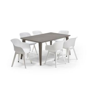 Ensemble table et chaise de jardin ALLIBERT JARDIN Table LIMA 160x100cm - Capuccinno + 3 lots de 2 fauteuils AKOLA Blanc - Résine