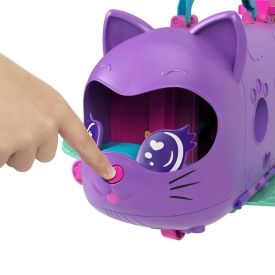 Polly Pocket Avion Chaton Transformable – Coffret Voyage Avec 2 Mini-Poupées, Chaton, Scène Tournante Et 19 Accessoires (HWP19)