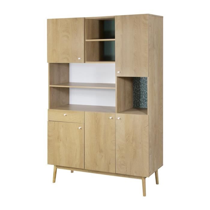 Buffet 5 portes 1 tiroir - Décor chêne et vert - Pieds en bois massif - L 120 x P 40 xH 178 cm - GAR