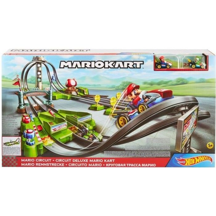 Circuit Deluxe Mario Kart - Hot Wheels - 1,5m - Booster motorisé - 2 karts inclus - 5 ans et +