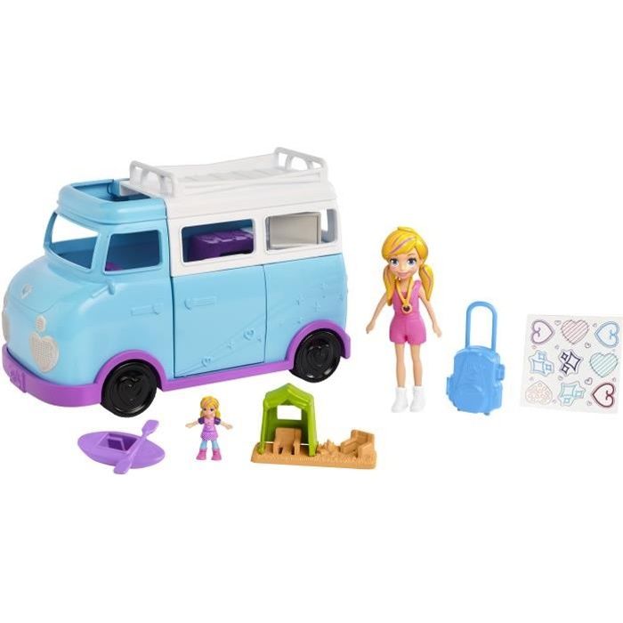 polly pocket - le van aventure - véhicule transformable pour enfant avec 2 figurines polly et accessoires