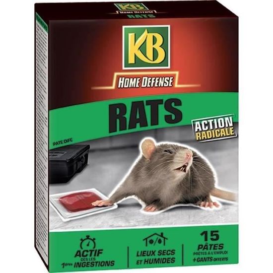 Raticide KB HOME DEFENSE - Rat pâte 15x10g - Action radicale - Lieux secs et humides - Gants offerts