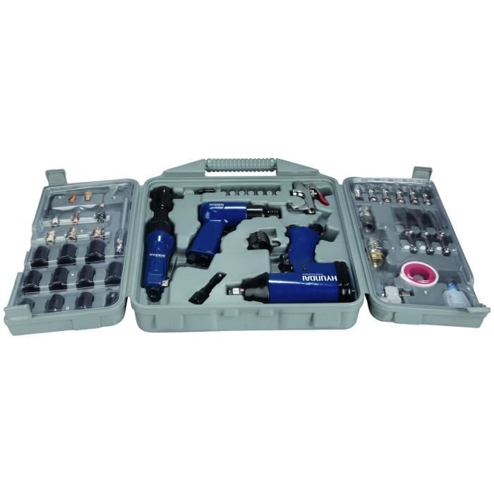 Kit 3 outils pneumatiques HYUNDAI - clé à chocs, burineur, soufflette - 50 accessoires inclus