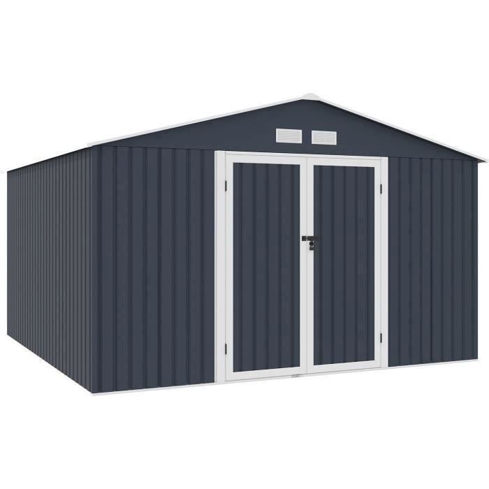 Abri de jardin en métal 1085 m2 - 340 x 319 x 210 - LUNEX - Kit dancrage inclus 2 portes battantes - Gris