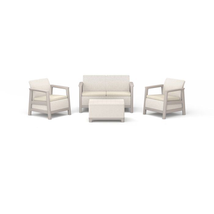 Salon bas de jardin - Résine - 4 personnes - Keter - Scandi Linea - Table coffre - Imitation canage beige et structure taupe