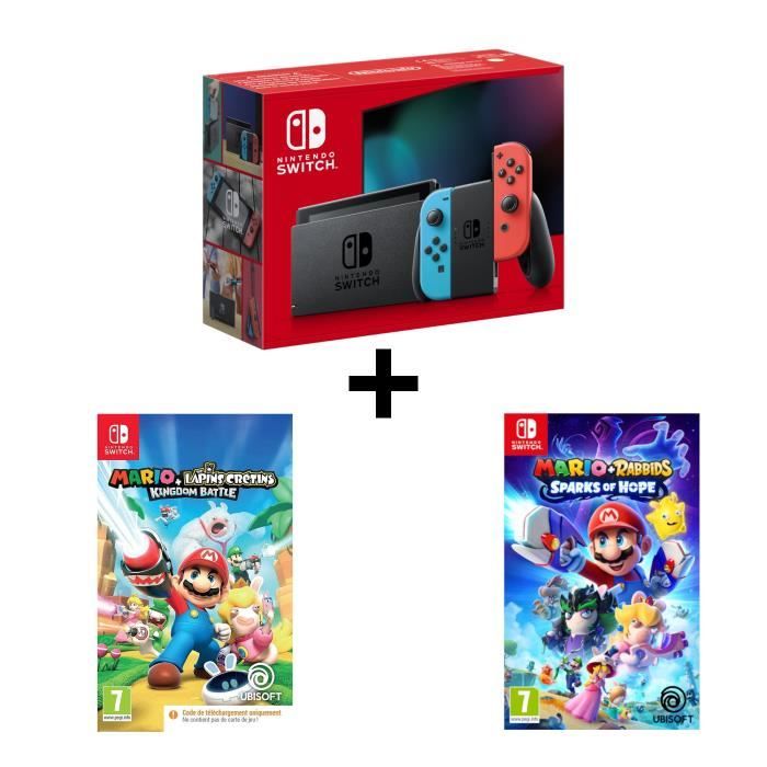 Pack : Console Nintendo Switch Néon + Mario + Les Lapins Crétins Kingdom Battle (Code dans la boite) + Sparks of Hope