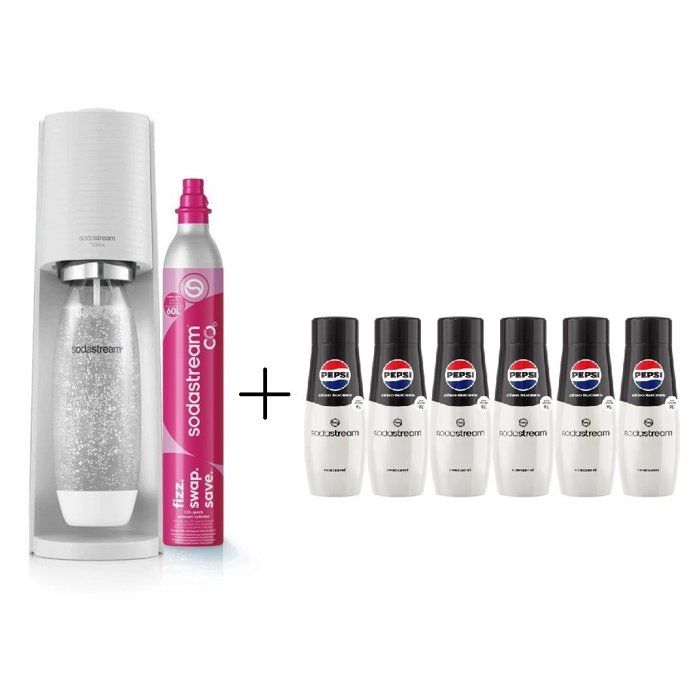 SODASTREAM Machine à soda et eau pétillante TERRA Blanche 1 bouteille & 1 recharge de gaz 60 L + Lot de 6 Pepsi Zéro sucres 440 ml