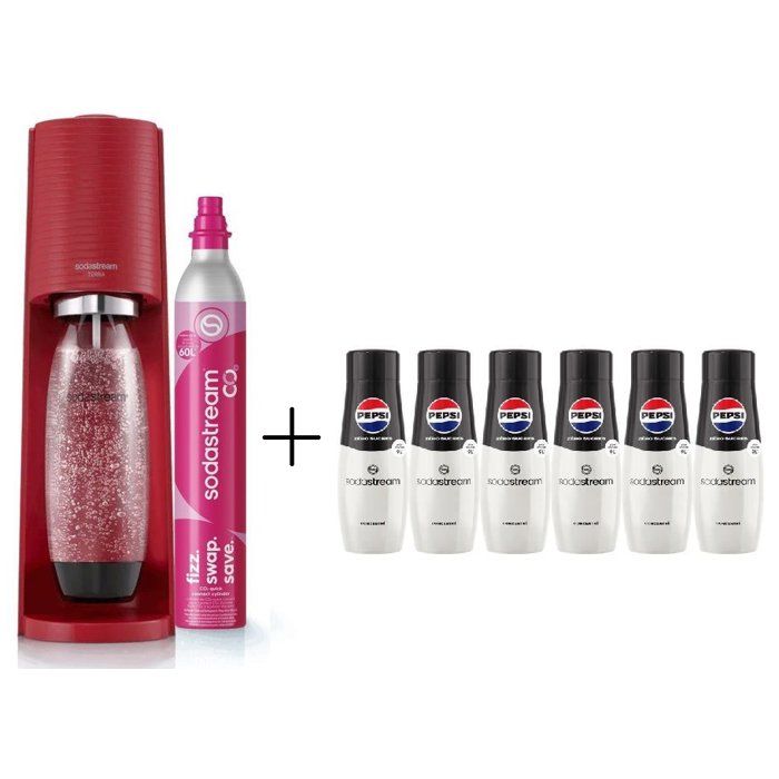SODASTREAM Machine à soda et eau pétillante TERRA Rouge 1 bouteille & 1 recharge de gaz 60 L + Lot de 6 Pepsi Zéro sucres 440 ml