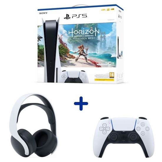 Console PlayStation 5 - Edition Standard + Horizon Forbidden West + DualSense White + Casque-Micro Sans-Fil PULSE 3D Blanc/White