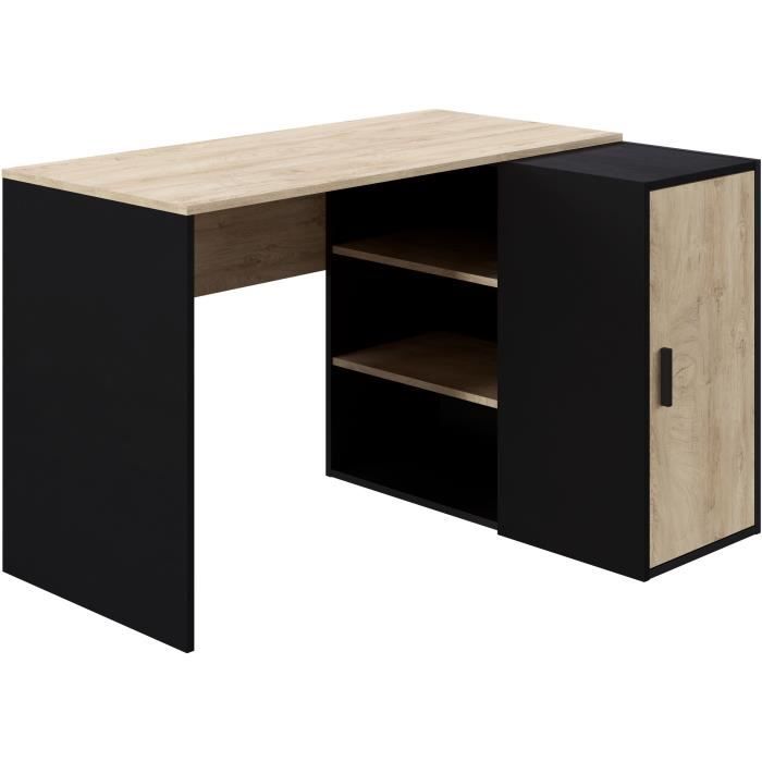 Bureau Indus - Décor chêne et noir - 1 Porte + 3 étagères - Grande capacité de rangement - L120 x P
