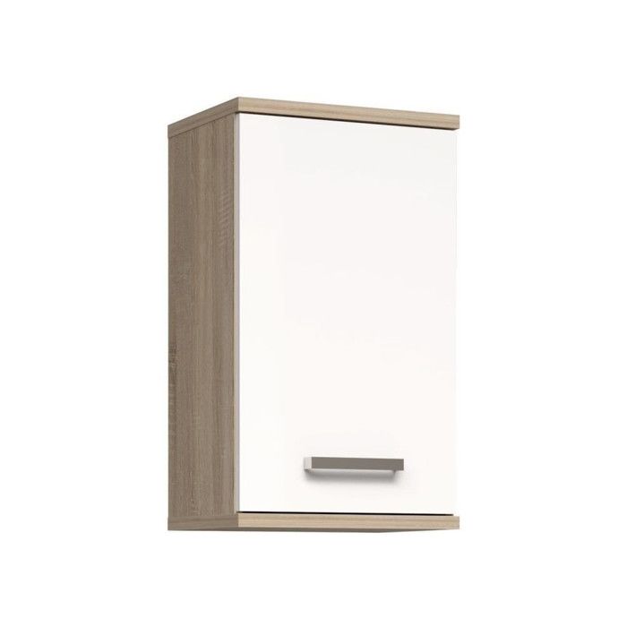 Armoire de salle de bain à suspendre - Décor Blanc et chêne - 1 porte - H688 x P29 x L402 cm - VERIS