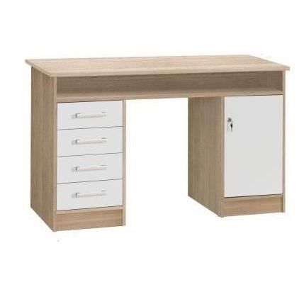 Bureau droit à clés avec 1 porte et 4 tiroirs - Décor chêne et blanc - 126 x P 55 x H 76 cm - ALICAN