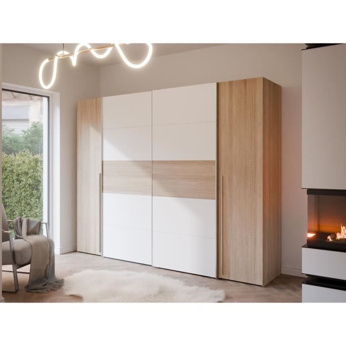 Armoire NARAGO - Décor Chêne Sonoma et blanc mat - 2 portes coulissantes + 2 portes battantes - L270