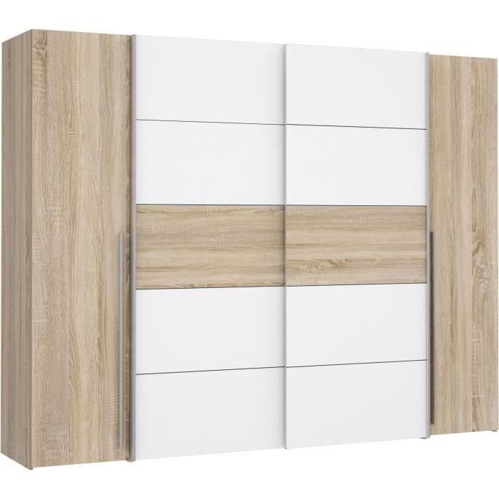 Armoire NARAGO - Décor Chêne Sonoma et blanc mat - 2 portes coulissantes + 2 portes battantes - L270 x P61 x H210 cm