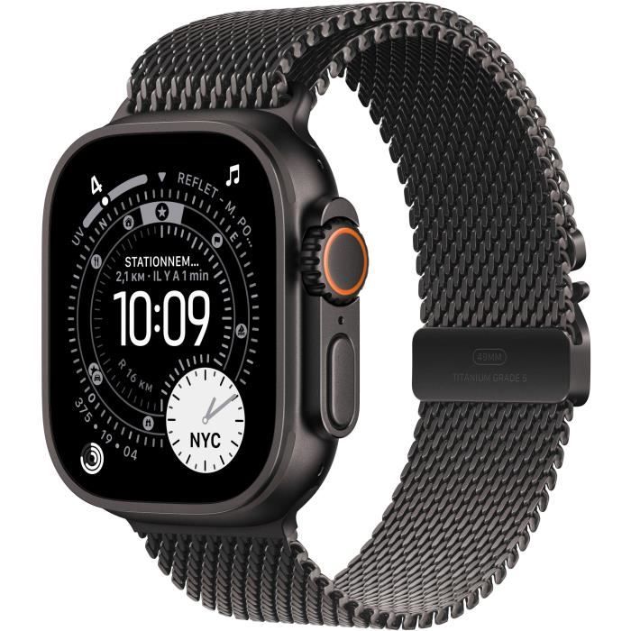 Apple Watch Ultra 3 GPS + Cellular - 49mm - Boîtier Black Titanium - Bracelet Black Titanium Milanese Loop - Medium Apple Watch Ultra 3 GPS + Cellular - 49mm - Boîtier Black Titanium - Bracelet Black Titanium Milanese Loop - Medium