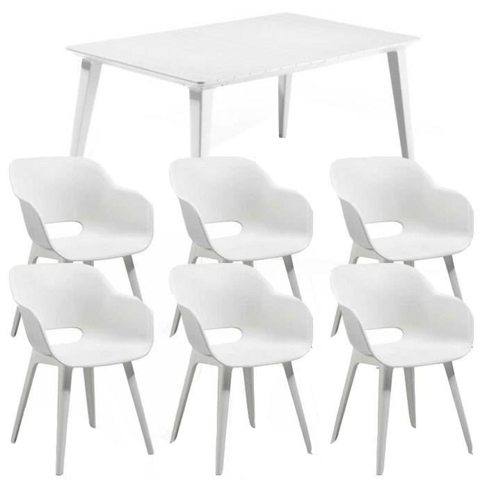 Ensemble repas de jardin rectangulaire - 1 table LIMA 160 cm blanc et 6 fauteuils AKOLA blanc