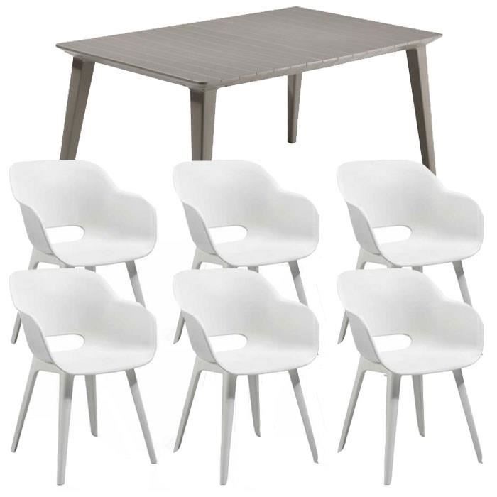 Ensemble repas de jardin rectangulaire - 1 table LIMA 160 cm cappucino et 6 fauteuils AKOLA blanc