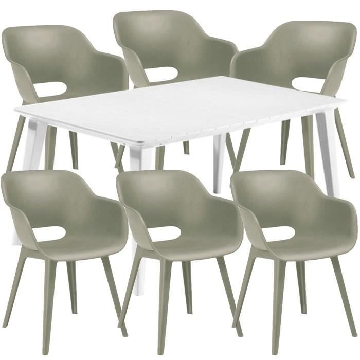 Ensemble repas de jardin rectangulaire - 1 table LIMA 160 cm blanc et 6 chaises AKOLA vert sauge