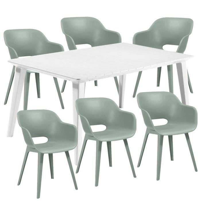 Ensemble repas de jardin rectangulaire - 1 table LIMA 160 cm blanc et 6 chaises AKOLA vert vintage