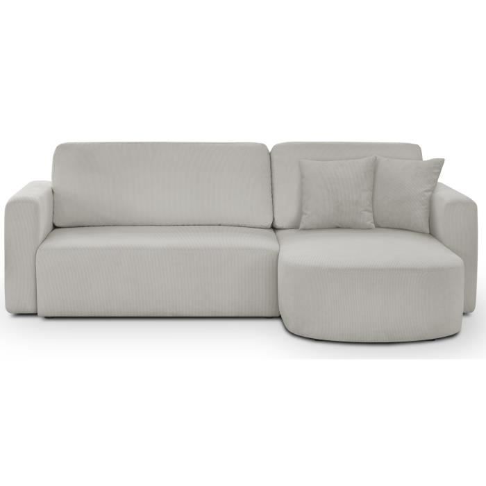 Canapé d'angle convertible et réversible 3 places GALET - Velours côtelé gris - Coffre de rangement 