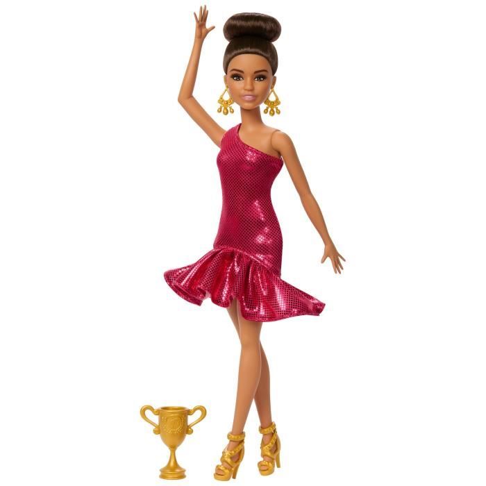 Barbie Poupée Danseuse de Salon et Accessoires avec robe à volants chaussures de danse cheveux coiffés bruns et accessoire trophée de danse JFR09 - vue 6
