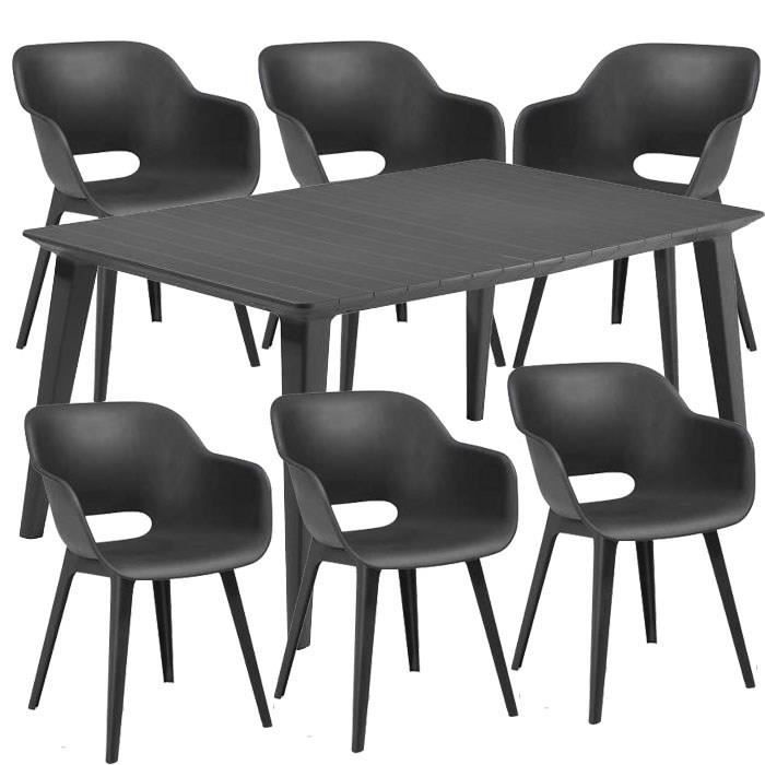 Ensemble repas de jardin rectangulaire - 1 table LIMA 160 cm graphite et 6 fauteuils AKOLA graphite