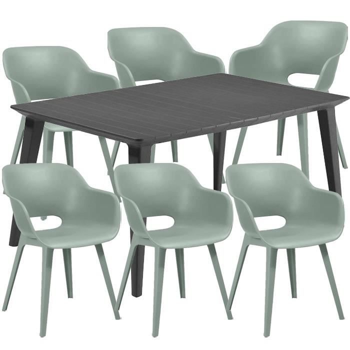 Ensemble repas de jardin rectangulaire - 1 table LIMA 160 cm graphite et 6 fauteuils AKOLA vert vintage