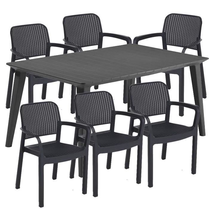 Ensemble repas de jardin rectangulaire - 1 table LIMA 160 cm graphite et 6 fauteuils SAMANNA graphite