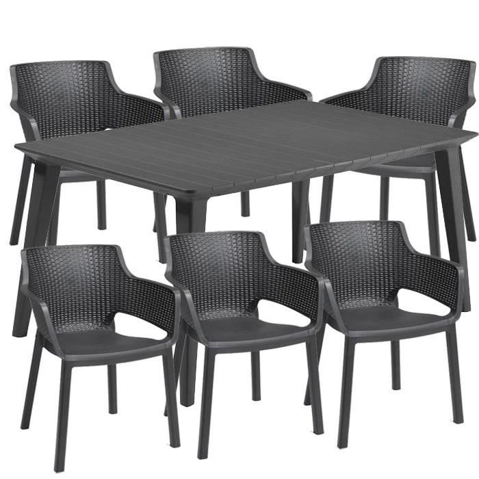 Ensemble repas de jardin rectangulaire - 1 table LIMA 160 cm graphite et 6 fauteuils EVA graphite